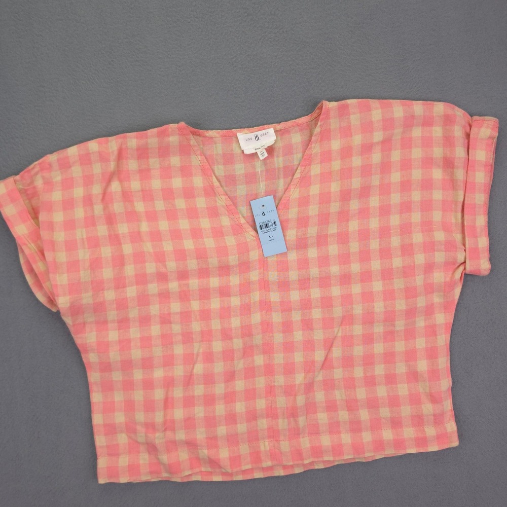 Lou & Grey Top Gingham V-Neck Pink Orange XS Petite 100% Linen Short Sleeve